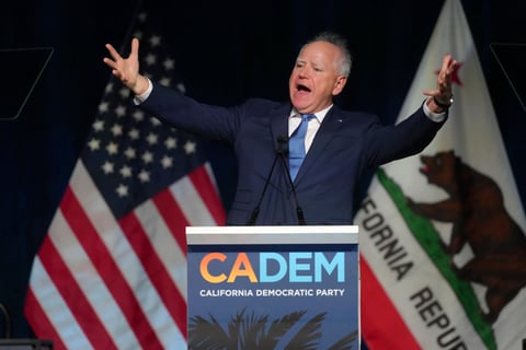 Minnesota Gov. Tim Walz speaks at the California Democratic Party's 2025 State Convention at the Anaheim Convention Center in Anaheim, Calif., on Saturday, May, 31, 2025.
