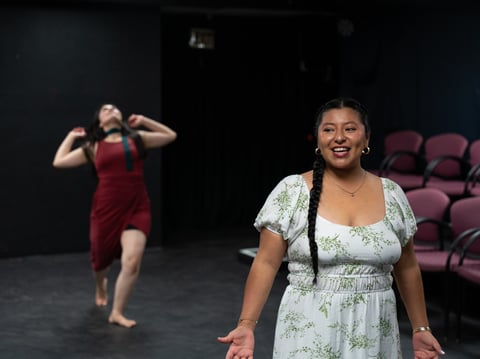 From right: Katherine Bahena-Benitez and Alexandria Griffith rehearse for “Jota,” a solo performance written by Bahena-Benitez and presented by Teatro Espejo. “Jota” will be showing at Fat Elephant Theatre in Rancho Cordova from June 20-29.