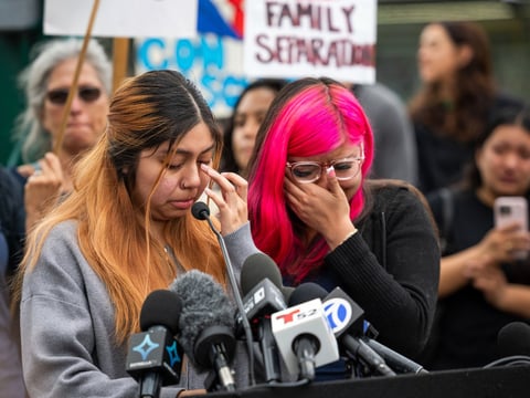 Kimberly Hernandez and her sister Jaslyn Hernandez, daughters of a car wash worker, speak during a press conference with families of detained car wash workers, Wednesday, June 11, 2025, in Culver City, Calif.