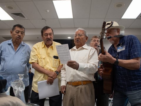 Manitos group members sing during the start of their weekly gathering Friday,  May 23, 2025, at the Sam & Bonnie Pannell Community Center at 2450 Meadowview Rd. in Sacramento.