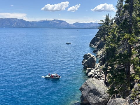 Authorities conduct searches along the shore at D.L. Bliss State Park after a weekend incident in which a boat capsized, killing several people, on Monday, June 23, 2025, in South Lake Tahoe, Calif.