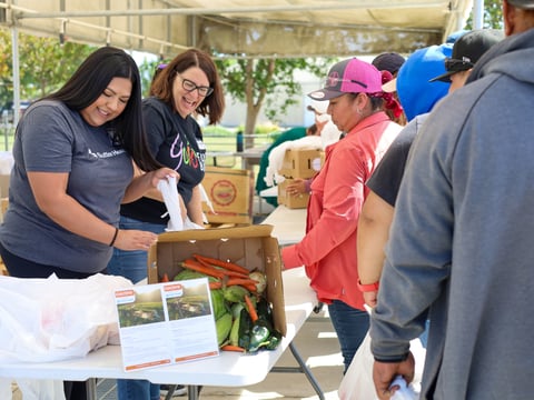 Yolo Food Bank and Sutter Health staff hand off food to farmworkers.