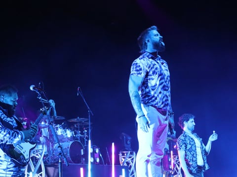 Lead singers and lead guitarist from Dance Gavin Dance perform in front of a sold out crowd at Hard Rock Live Sacramento on Friday, June 27, 2025.
