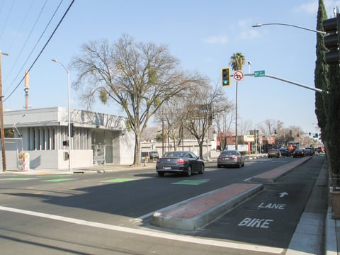 The intersection of 15th Street and Broadway Friday, Jan. 30, 2025, in Sacramento. Sacramento recently received a failing score from PeopleForBikes because of lack of accessibility to places like schools, hospitals and major transit hubs.