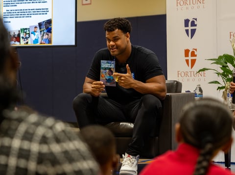 NFL defensive lineman Arik Armstead shows office his original comic book "Discovering My Superpower" which depicts his struggle with reading. July 11th, 2025.
