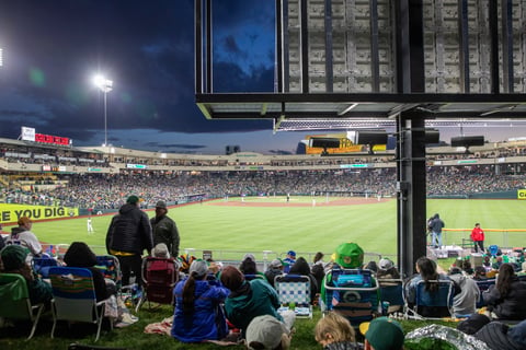 A look behind the scoreboard of a sold-out Sutter Health Park during the A’s opening game March 31 against the Chicago Cubs.