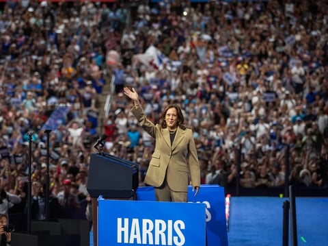Vice President Kamala Harris speaks to the crowd during her presidential campaign rally at the Desert Diamond Arena in Glendale, Ariz., on Aug. 9, 2024. Harris announced Wednesday that she will not run for California governor in 2026.