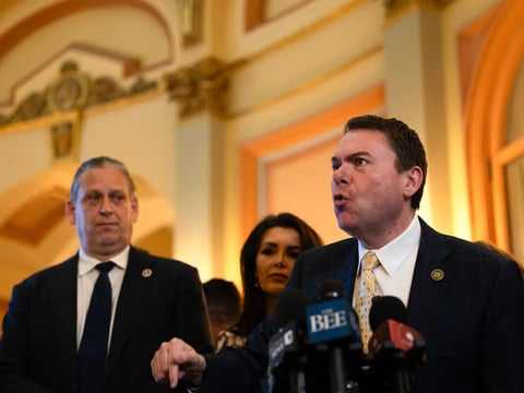 Republican Assemblymember Carl DeMaio addresses the media during a press conference at the state Capitol in Sacramento on the current national redistricting battle between Democrats and Republicans on Aug. 18, 2025.