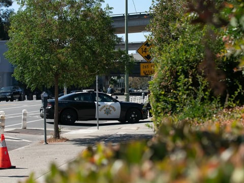 A patrol vehicle pulls into the California Highway Patrol office in Oakland on Aug. 13, 2024.