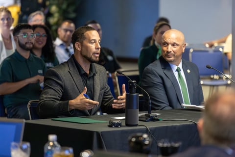 Sacramento State President Dr. Luke Wood and Athletic Director, Mark Orr, discuss the proposed partnership with Cal Expo at the Michelob Ultra Grandstand clubhouse Thursday, August 28.