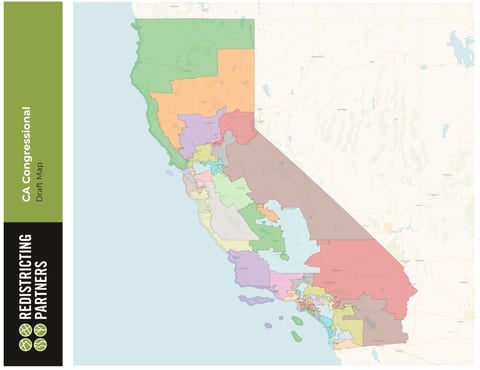 The new congressional map drafted by Paul Mitchell's firm, Redistricting Partners. Gov. Gavin Newsom proposed drawing a new temporary map that favors Democrats. Voters will decide in November whether to approve it.