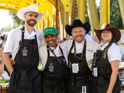 Four local chefs participate in the 12th annual Tower Bridge Dinner. (From left to right) Bucky Bray, Nixtaco Folsom, N’Gina Guyton, Devin Dedier, Vacanza Romana, and Jeana Marie, Omakase Por Favor. Sept. 7 2025.