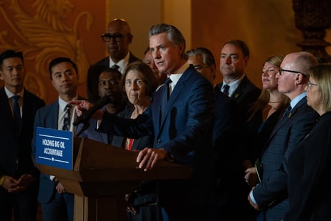 Governor Gavin Newsom speaks from the rotunda of the State Capitol after signing legislation aimed at preventing gas price spikes. October 14, 2024.