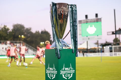 The USL Jägermeister Cup on display at Heart Health Park ahead of the final match Oct. 4, 2025. (Chris Felts/CapRadio)
