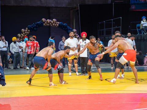 Players compete in the inaugural American Kabaddi Cup at Adventist Health Arena in Stockton Oct. 5, 2025.