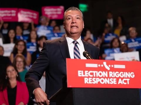 U.S. Senator Alex Padilla attends a rally about redistricting at the Democracy Center of the Japanese American National Museum in Los Angeles on Aug. 14, 2025.