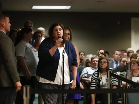 Dana Williamson, then-cabinet secretary in Gov. Jerry Brown's administration, gives her support to SB 277 during a hearing in Sacramento, on June 9, 2015. Williamson would eventually become Gov. Newsom's chief of staff, before departing in Dec. 2024.