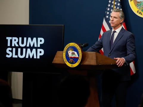 Gov. Gavin Newsom addresses the media during a press conference unveiling his revised 2025-26 budget proposal at the Capitol Annex Swing Space in Sacramento on May 14, 2025.