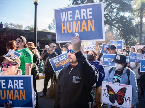 Immigrant rights advocates and supporters participate in a rally Monday, Dec. 2, 2024, at the State Capitol in Sacramento.