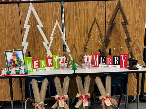 In preparation for the Holiday Boutique, Katie Hoffman’s class at Escalon High crafted wooden Christmas trees decorations.