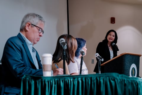 From left: UC Davis Health Director of News and Media Relations Pamela Wu moderates a panel between AAJA members Gabriel “Jack” Chin, Sharon Ito and Gaonou Vang on the importance of AAPI representation in the arts and in media.
