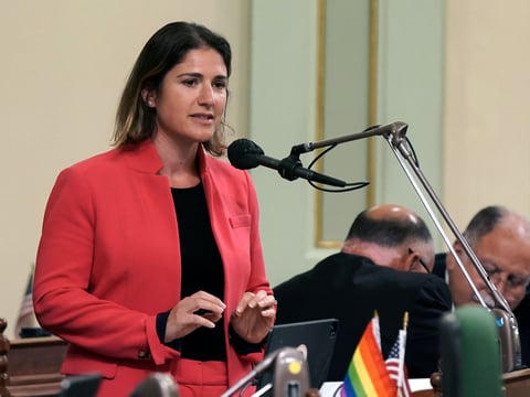 Assemblywoman Rebecca Bauer-Kahan, D-Orinda, urges lawmakers to approve her bill to shield California abortion providers from Texas-style laws, during the Assembly session in Sacramento, Calif., on Monday, May 23, 2022.