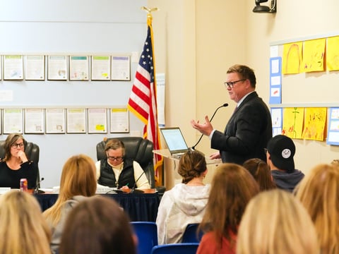 Matthew P. Juhl Darlington, an attorney, speaks on his position on allowing trans athletes to compete in school sports during a meeting of the Tahoe Truckee Unified School District on Wednesday, Dec. 17, 2025 in Truckee, Calif.