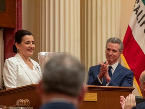 Democratic Senate Pro Tempore Monique Limón and Governor Gavin Newsom Monday, Jan. 5, 2026, in the California Senate Chamber in Sacramento. Limón is the first woman of color and mother to lead the Senate.