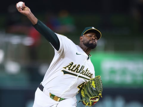 Athletics starting pitcher Luis Severino throws to Houston Astros batter during the first inning of a baseball game Wednesday, Sept. 24, 2025, in West Sacramento, Calif.