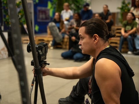Cameraman and producer Lon Beyer films B Roll for Jaime Tafoya’s documentary at Terra Madre Americas 2025 on Sunday, Sept. 28. Sean Sherman and Crystal Wahpepah participated in a panel discussion about Native American food sovereignty.
