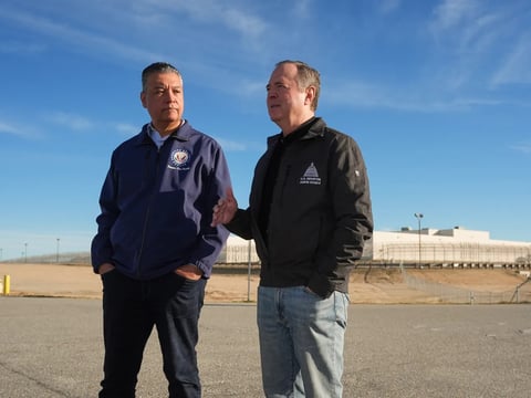 From left, U.S. Sens. Alex Padilla and Adam Schiff address the media before visiting an immigration detention center in California City on Jan. 20, 2026.