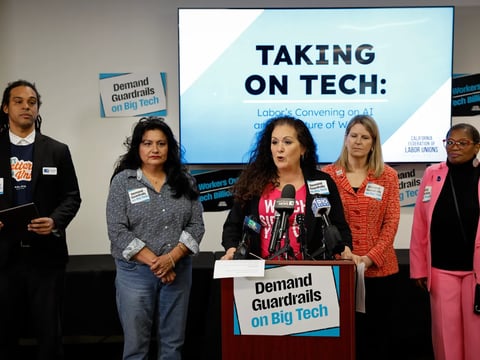 Unions are trying to push the governor, who has hesitated to regulate AI, to take a stronger stand against the technology. Flanked by labor advocates, former Assemblymember Lorena Gonzalez, president of California Federation of Labor Unions AFL-CIO.