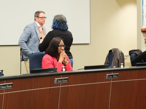Superintendent Lisa Allen waits for the education board meeting to begin on Thursday, Feb. 5, 2026. She resigned in the midst of a major budget crisis.