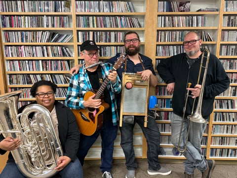 The Mighty Wallops are, from left to right, Portia Njoku, Bobby Waller, Peter Halldorf and Matt Albright. They recently recorded some songs at CapRadio. Photo by Andrew Garcia