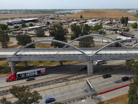 The Cedar Viaduct, designed to take high-speed trains over Cedar and North avenues and State Route 99, is shown in an aerial view, Tuesday, April 15, 2025, in Fresno, Calif.