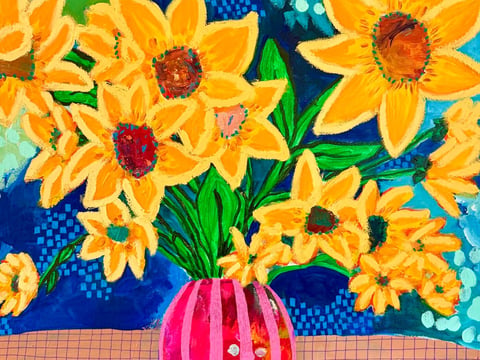 Cara Gregor’s vibrant acrylic paintings and mixed media works usher in a sense of joy and celebration in “Dreamscapes in Bloom” at Axis Gallery.