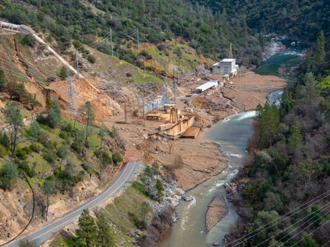 An aerial view of the New Colgate Powerhouse and surrounding areas Feb. 14, 2026, following the catastrophic failure of the penstock pipeline.