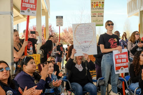 Teachers and parents lead a rally at North Natomas Regional Park on March 10, 2026. The rally marked the first day of Natomas teachers going on strike for better pay and smaller class sizes. Ruth Finch/CapRadio