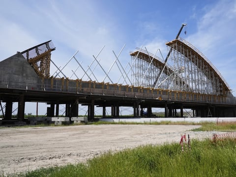 The Tied Arch Bridge construction site, which will take high-speed trains over State Route 43, Tuesday, April 15, 2025, is shown in Fresno County, Calif.