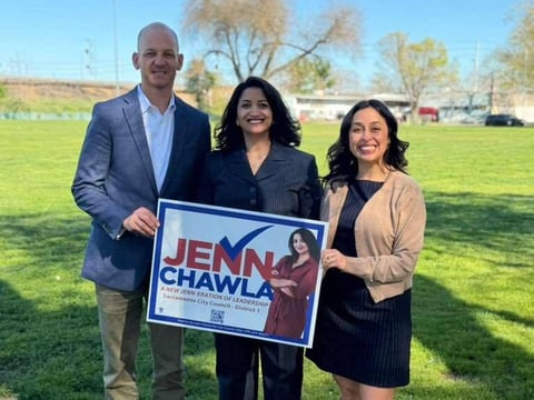 District 1 challenger Jenn Chawla poses with Sacramento Mayor Kevin McCarty and Vice Mayor Karina Talamantes at the time of her endorsement Friday, March 13