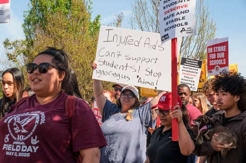 Teachers and parents led a rally at North Natomas Regional Park on March 10, 2026. The rally marked the first day of Natomas teachers going on strike for better pay and smaller class sizes. Ruth Finch/CapRadio