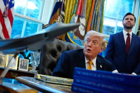 President Donald Trump speaks after signing an executive order regarding a task force on fraud in the Oval Office of the White House, Monday, March 16, 2026, in Washington. (AP Photo/Julia Demaree Nikhinson)