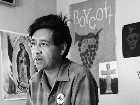 FILE - Cesar Chavez, a farm worker, labor organizer and leader of the California grape strike, is seen in a California works office in 1965.