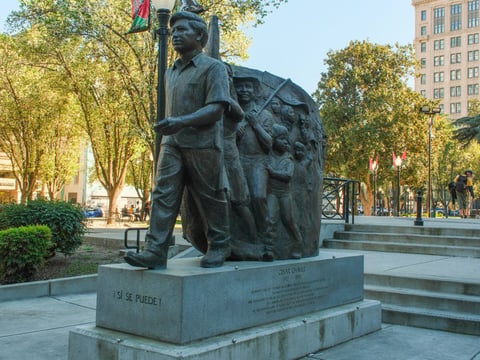 A statue memorializing Cesar Chavez and celebrating the United Farm Workers movement at the Cesar E. Chavez Memorial Plaza in downtown Sacramento on March 18, 2026.