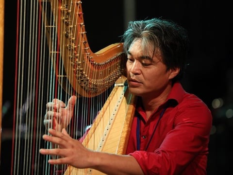 Motoshi Kosako playing the harp.