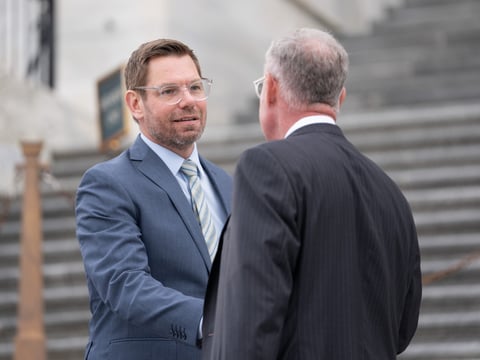 Rep. Eric Swalwell, D-Calif., departs following votes at the Capitol, Thursday, March 5, 2026, in Washington.