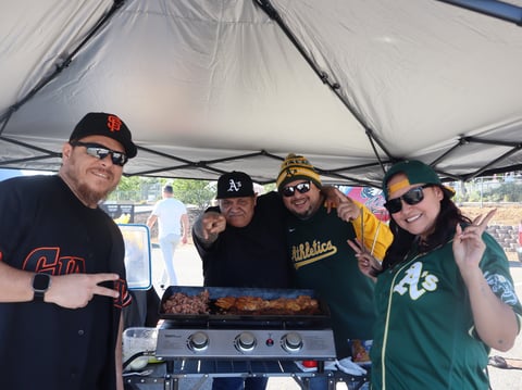 David Padilla (second from right) with friends and family tailgating ahead of the A's Opening Day game Friday April 3, 2026 at Sutter Health Park.