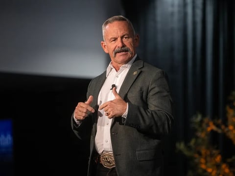 Republican gubernatorial candidate Chad Bianco speaks on stage during The Western Growers California Gubernatorial Candidate Forum at Fresno State in Fresno on April 1, 2026.
