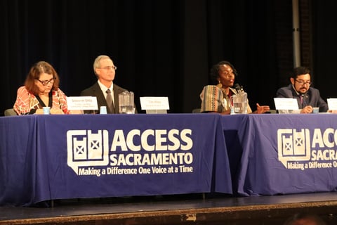 From left, Deborah Ortiz, Tim Riley, Flojaune Cofer and Eric Guerra participate in a candidate forum for Sacramento County Supervisor District 1 at the Coloma Community Center in Sacramento on April 9, 2026.