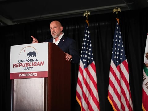 Republican gubernatorial candidate Steve Hilton speaks during a forum at the California Republican Party convention in the Sheraton San Diego Resort on April 11, 2026.